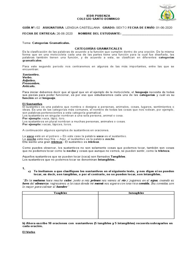 Guia 2 Categorias Gramaticales Pdf Sustantivo Adjetivo