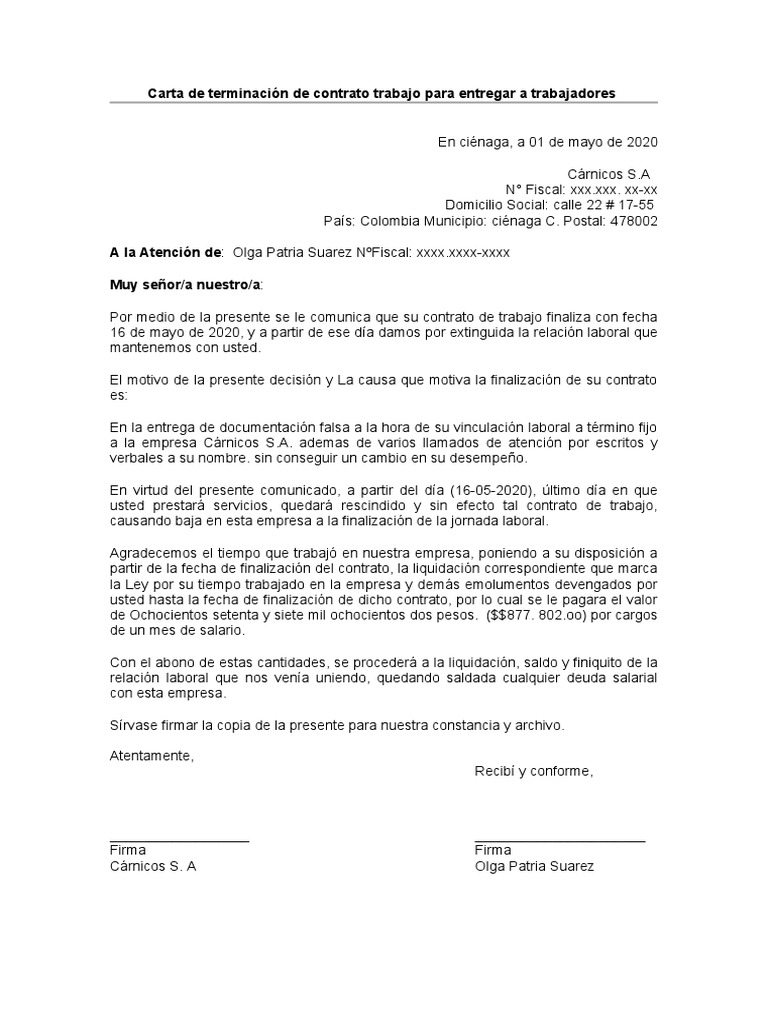 Carta de Terminacion de Contrato | PDF
