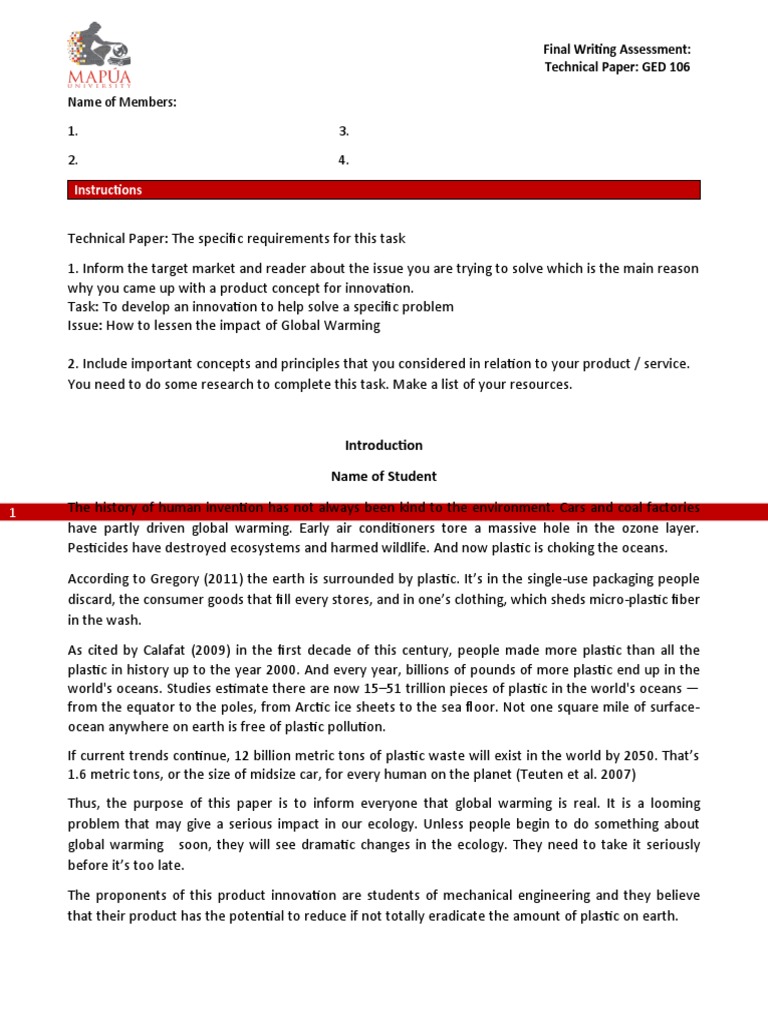Ged 106 Final Writing Task Requirements Pdf Plastic Global Warming