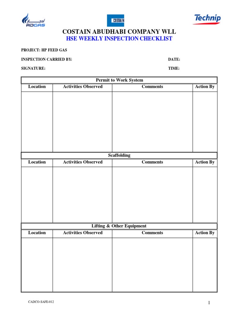 HSE Weekly Inspection Checklist | PDF | Science & Mathematics | Computers
