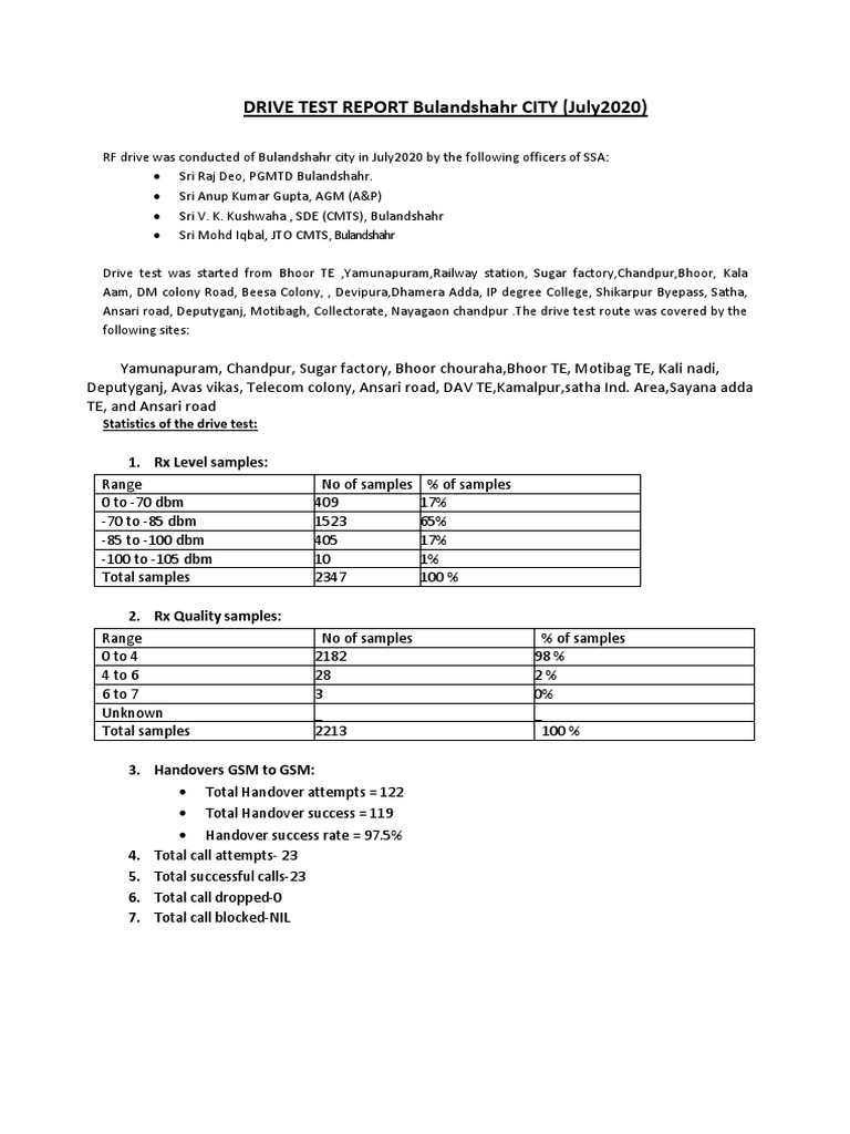 Bulandshahr RF Drive Test Report July 2020 | PDF | Mobile Technology ...