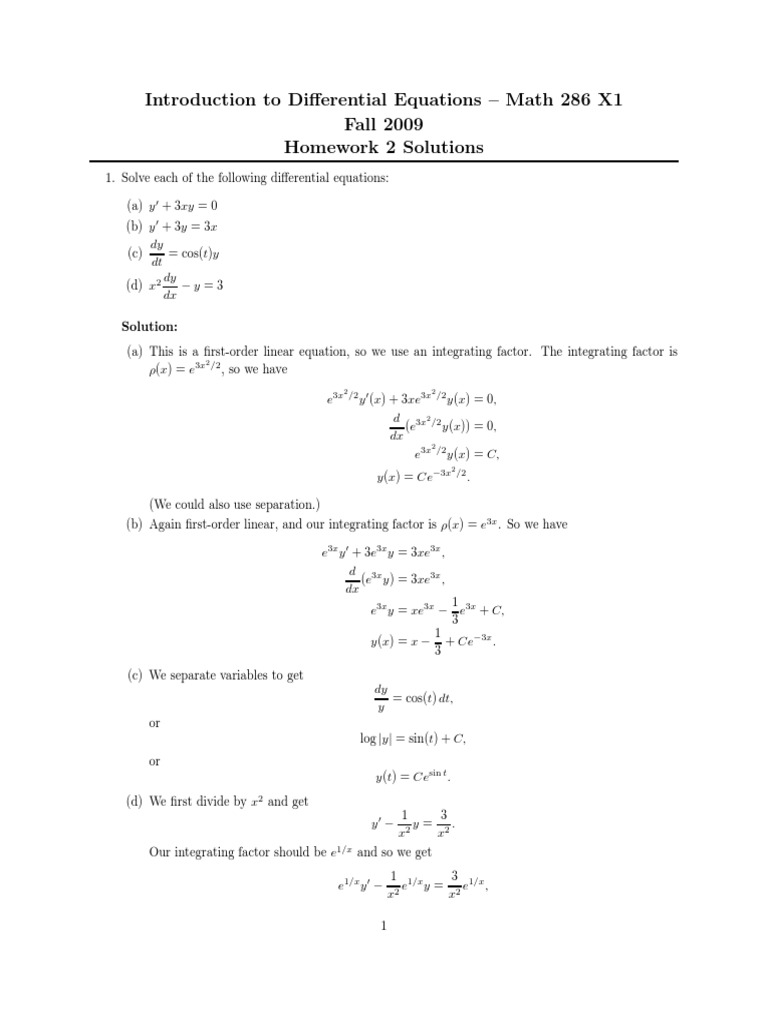 Introduction To Differential Equations Math 286 X1 Fall 2009 Homework
