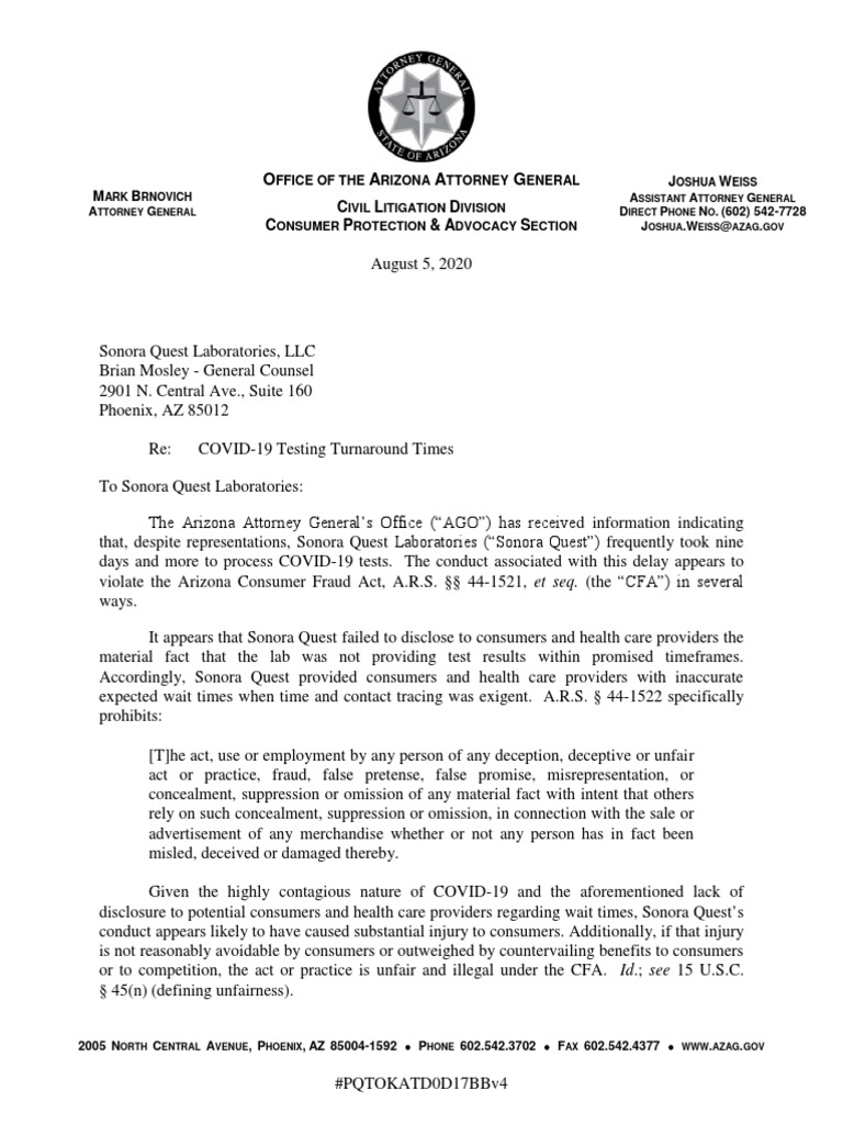 Letter To Sonora Quest Laboratories | PDF | Government | Justice