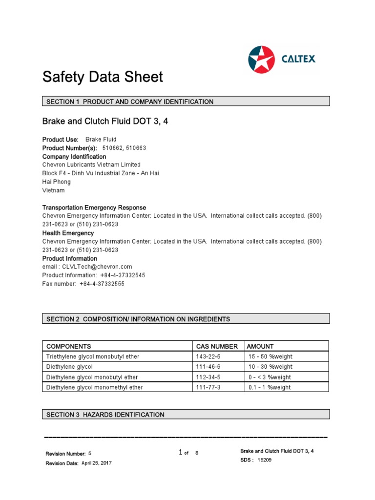 Brake Fluid DOT 3 & 4 Safety Data Sheet | PDF | Toxicity | Fires