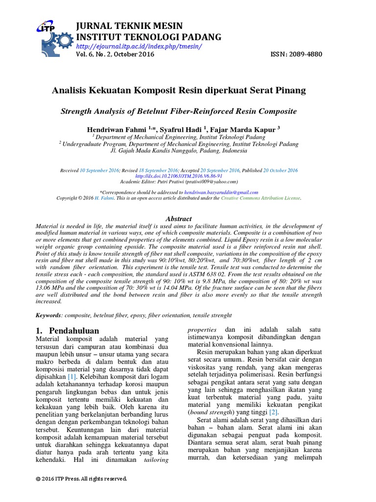 Jurnal Teknik Mesin Institut Teknologi Padang Strength Analysis of Betelnut FiberReinforced