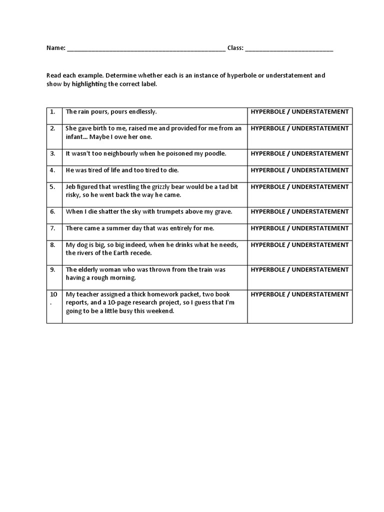 Hyperbole and Understatement WS | PDF