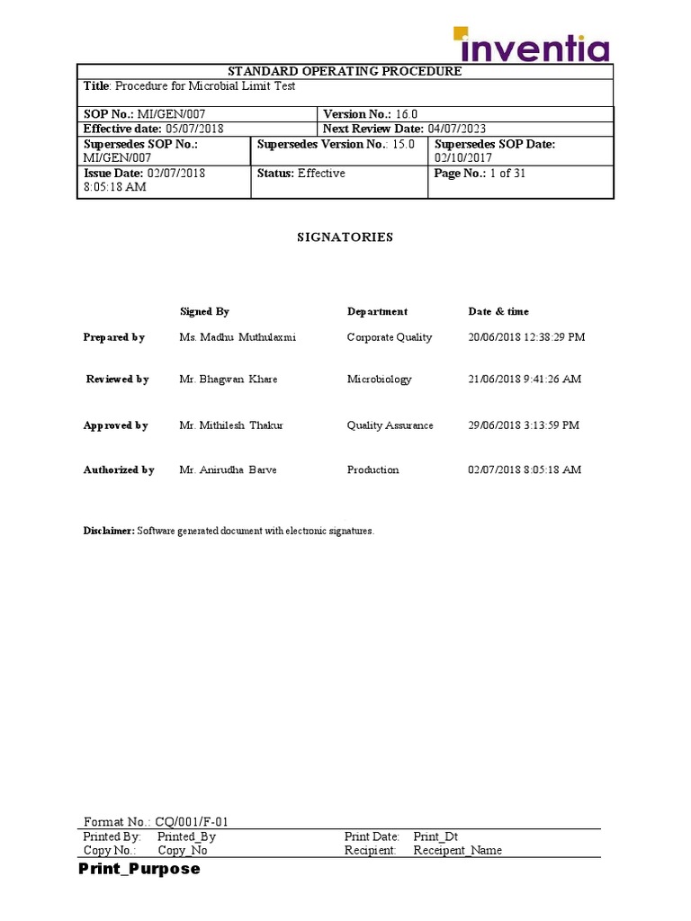 Microbial Limit Test SOP PDF Colony Forming Unit Clinical Pathology