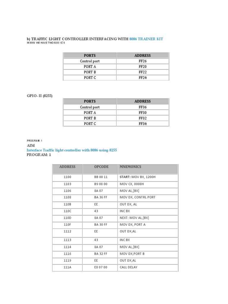 B) Traffic Light Controller Interfacing With 8086 Trainer Kit