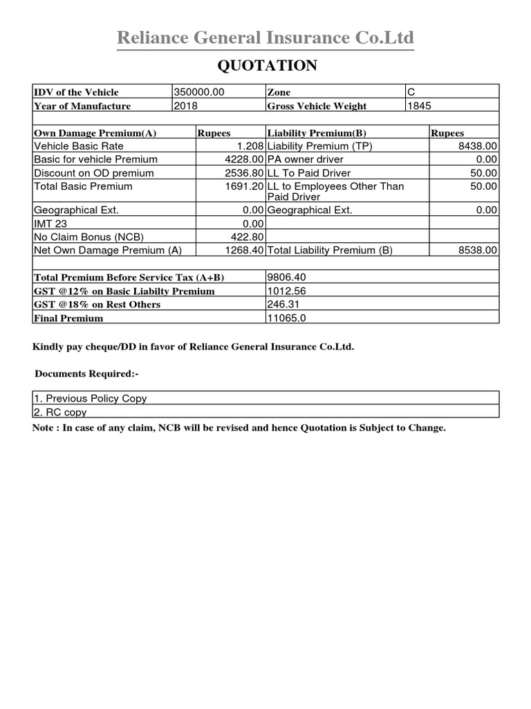 Reliance Car Insurance Quotation Details | PDF | Finance & Money Management