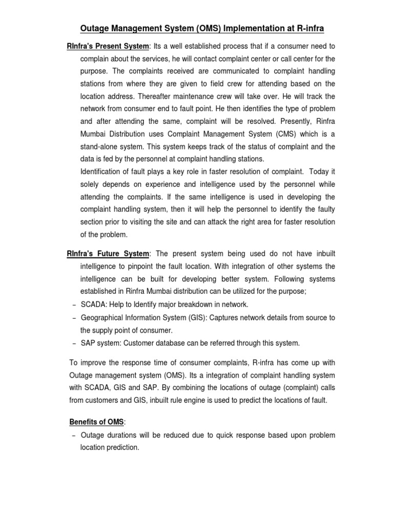 Outage Management System Oms Implementation At R Infra Pdf