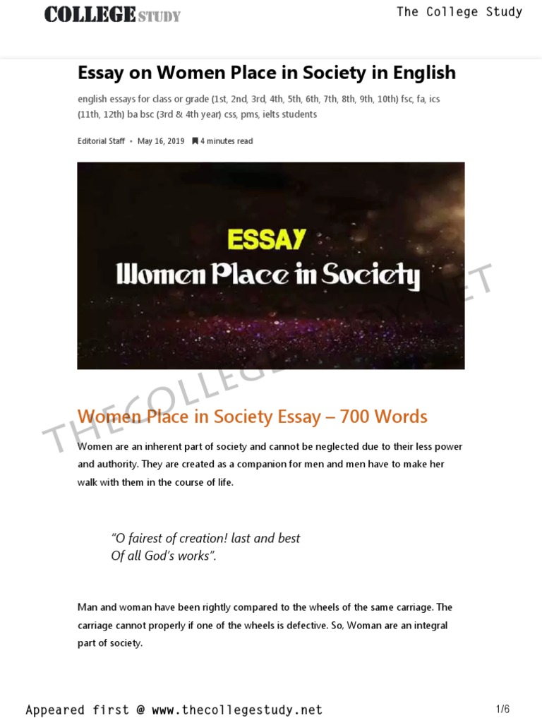1 Essay On Women Place in Society in English - The College Study PDF ...