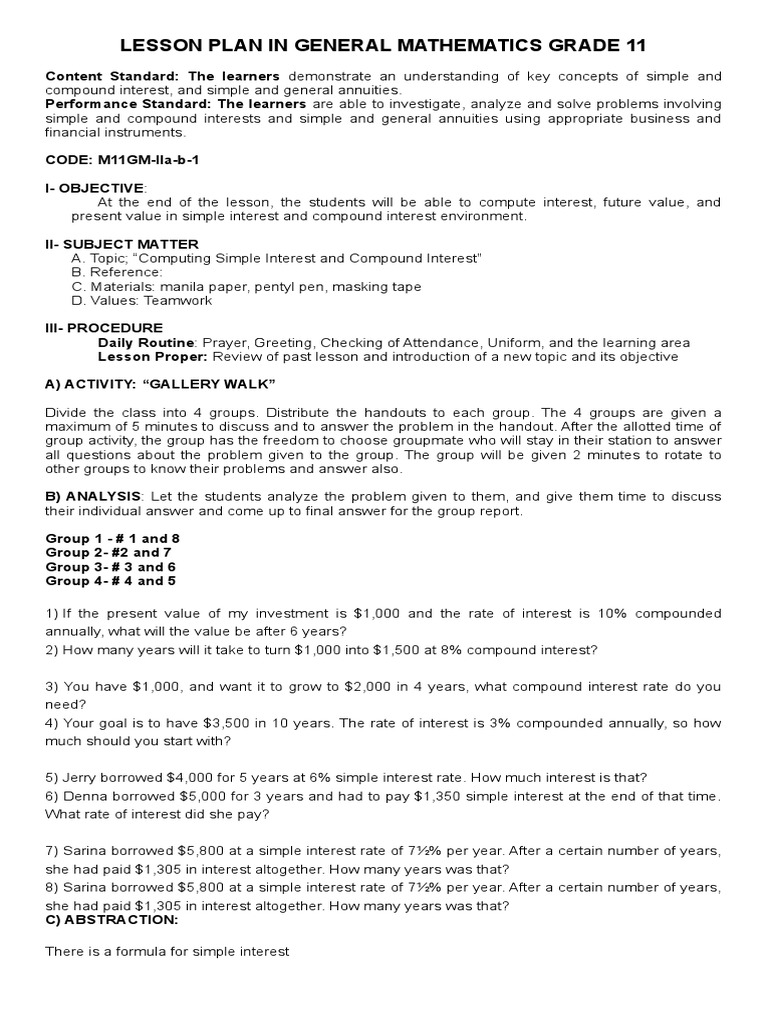 Lesson Plan in General Mathematics Grade 11 | PDF | Present Value ...