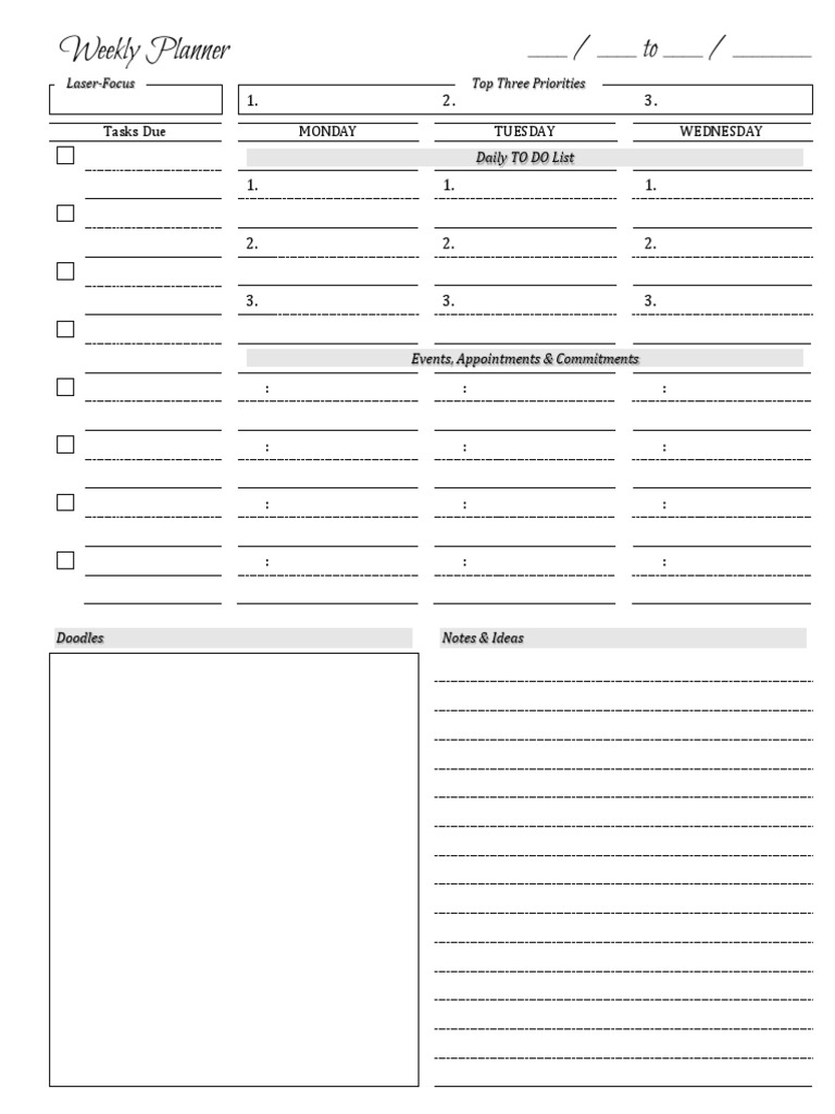 Weekly Planner: Tasks Due Monday Tuesday Wednesday | PDF