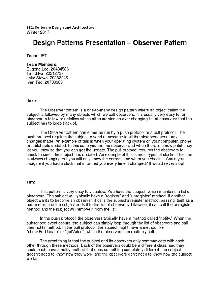 Design Patterns Presentation - Observer Pattern: Winter 2017 | PDF ...