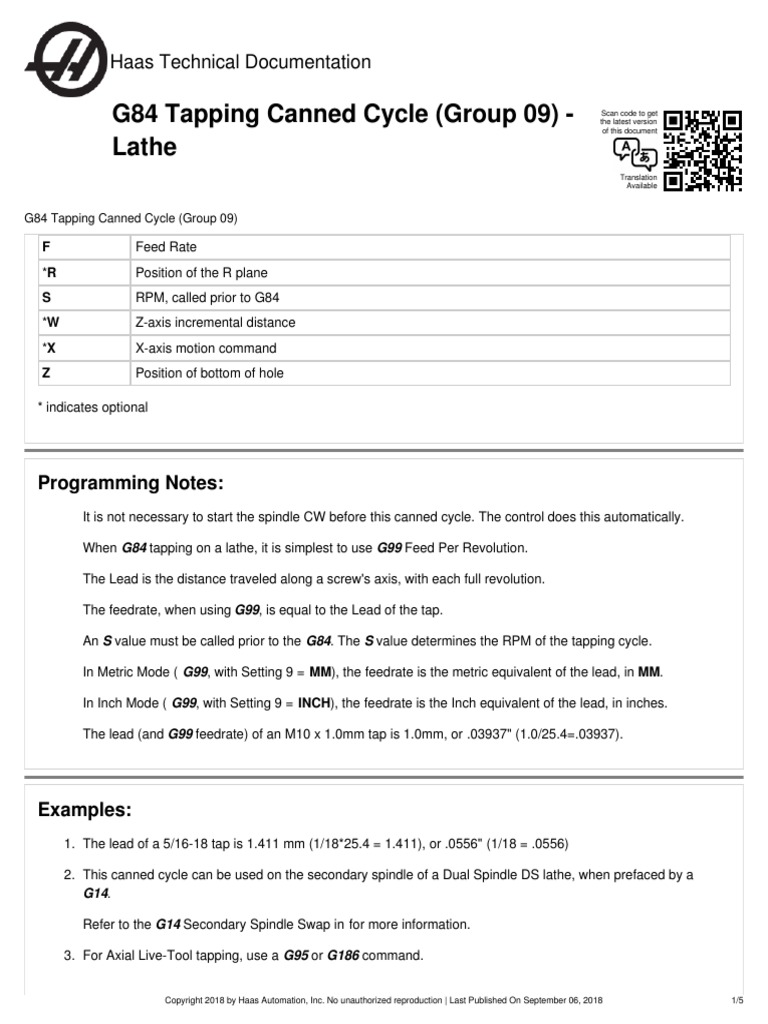 G84 Tapping Canned Cycle (Group 09) Lathe Haas Technical