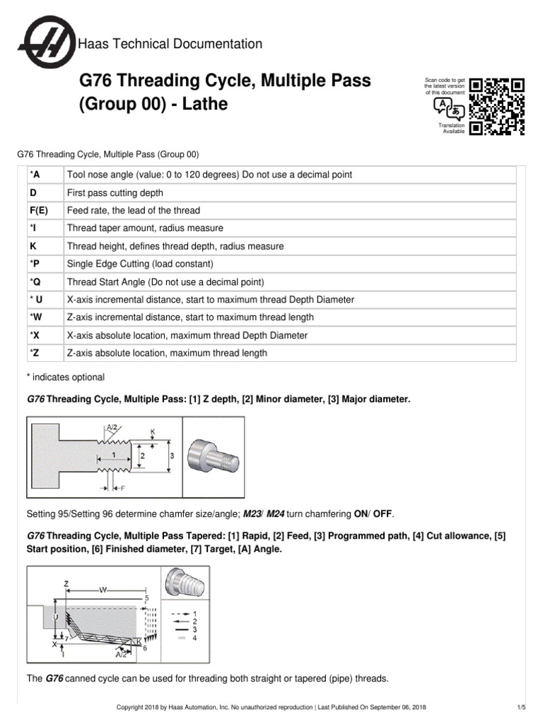 G76 Threading Cycle, Multiple Pass (Group 00) Lathe Haas Technical