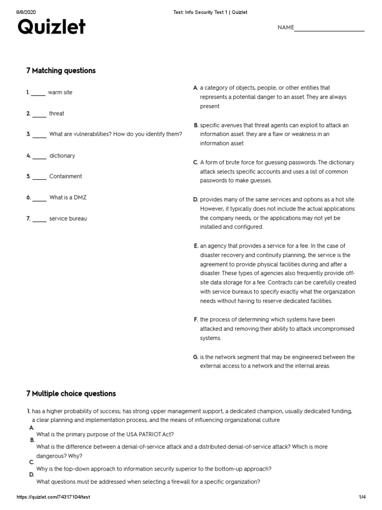 Test Info Security Test 1 Quizlet PDF Firewall