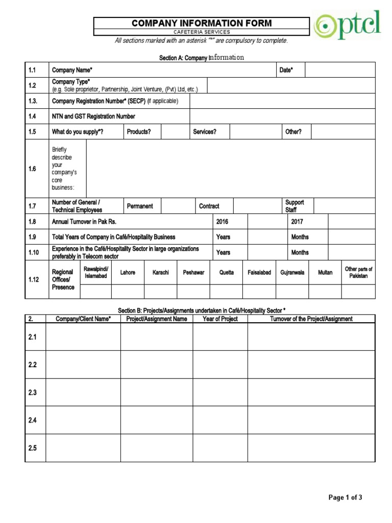 Company Information Form Cafeteria PDF Government Business