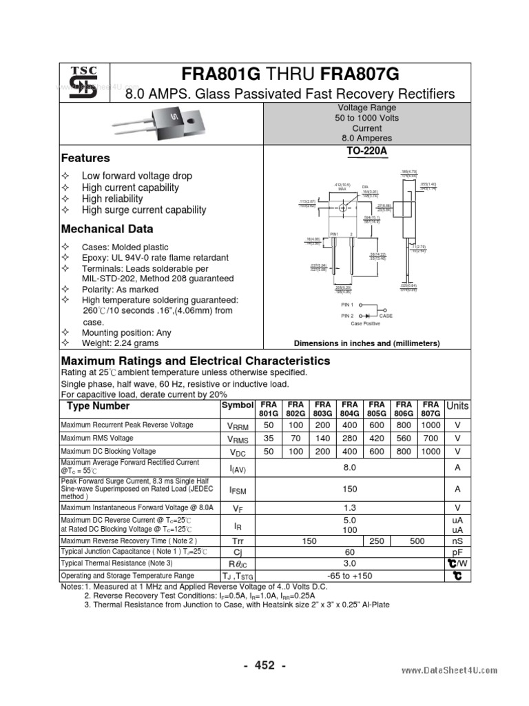 FRA801G-FRA807G Rectifiers Data Sheet | PDF | Diode | Rectifier