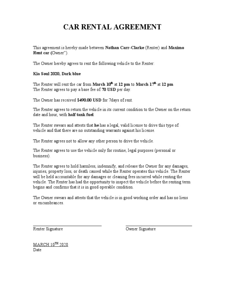 Car Rental Agreement | PDF | Law