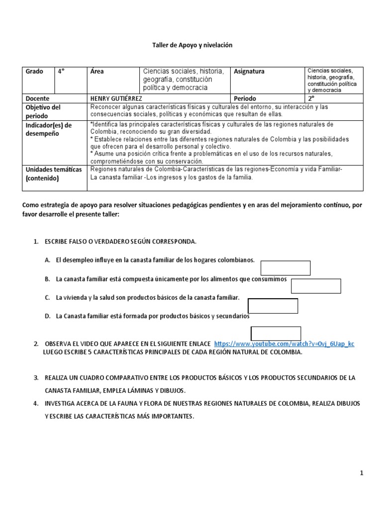 Taller de Ciencias Sociales Grado 4 | PDF | Ciencias sociales | Colombia