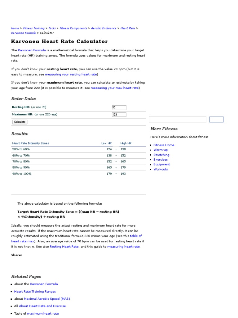 Karvonen Heart Rate Calculator PDF Heart Rate World Wide 