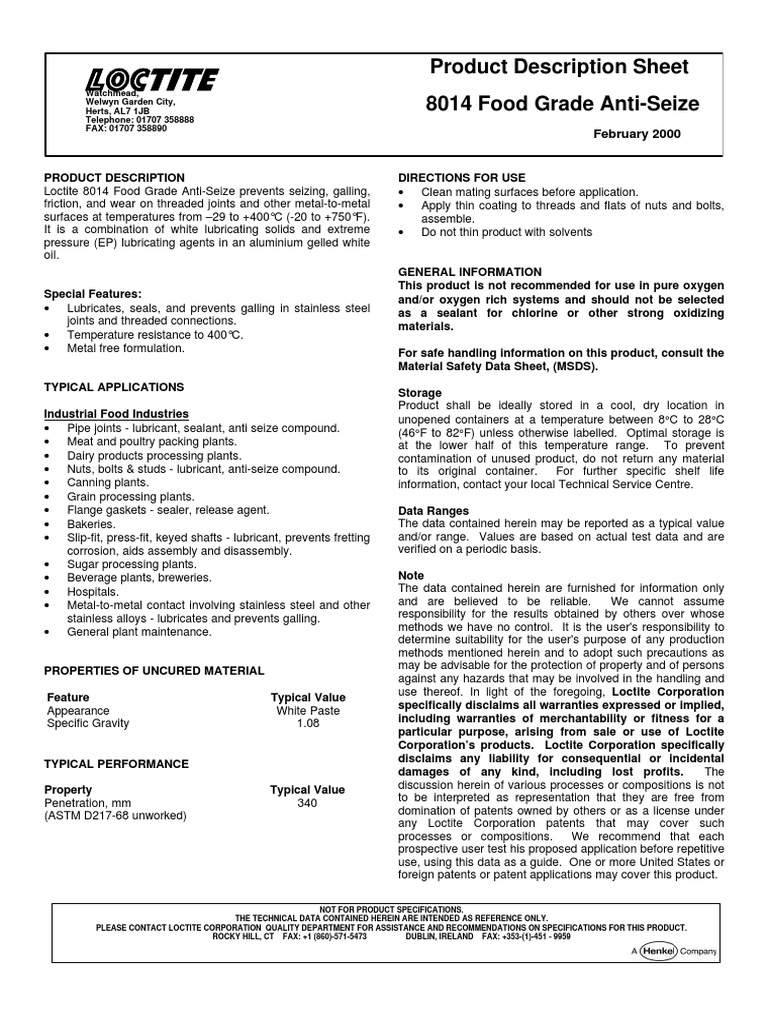 Product Description Sheet 8014 Food Grade AntiSeize February 2000