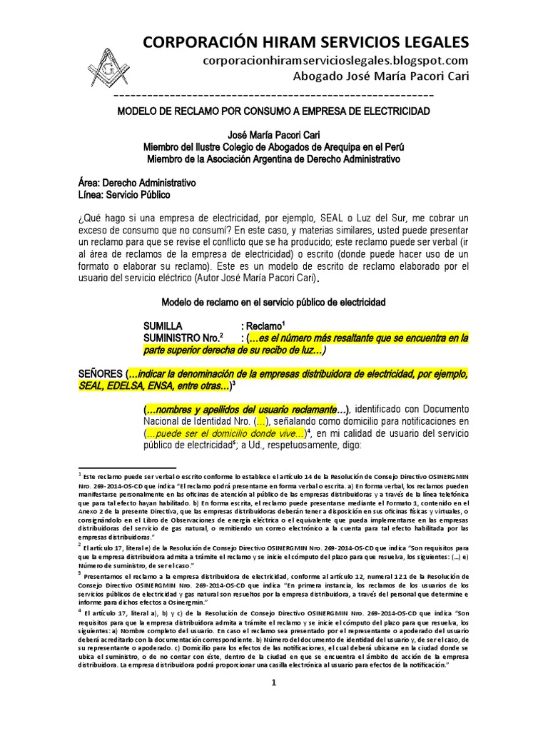 Modelo de Reclamo por Cobro Excesivo de Luz | PDF | Usuario ...