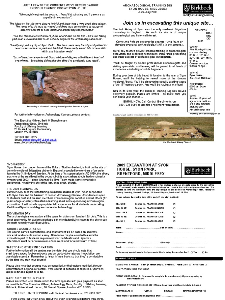 Syon 2009 Enrolmentleaflet EMAIL PDF Excavation (Archaeology) Payments