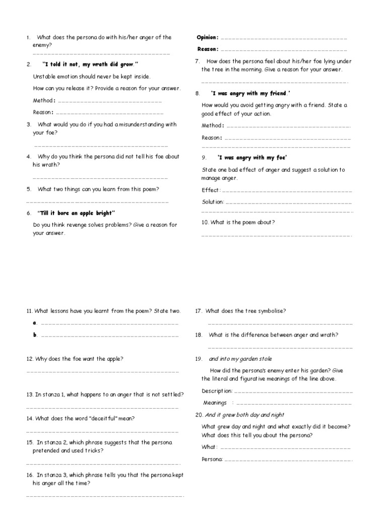A Poison Tree (Questions) | PDF | Anger