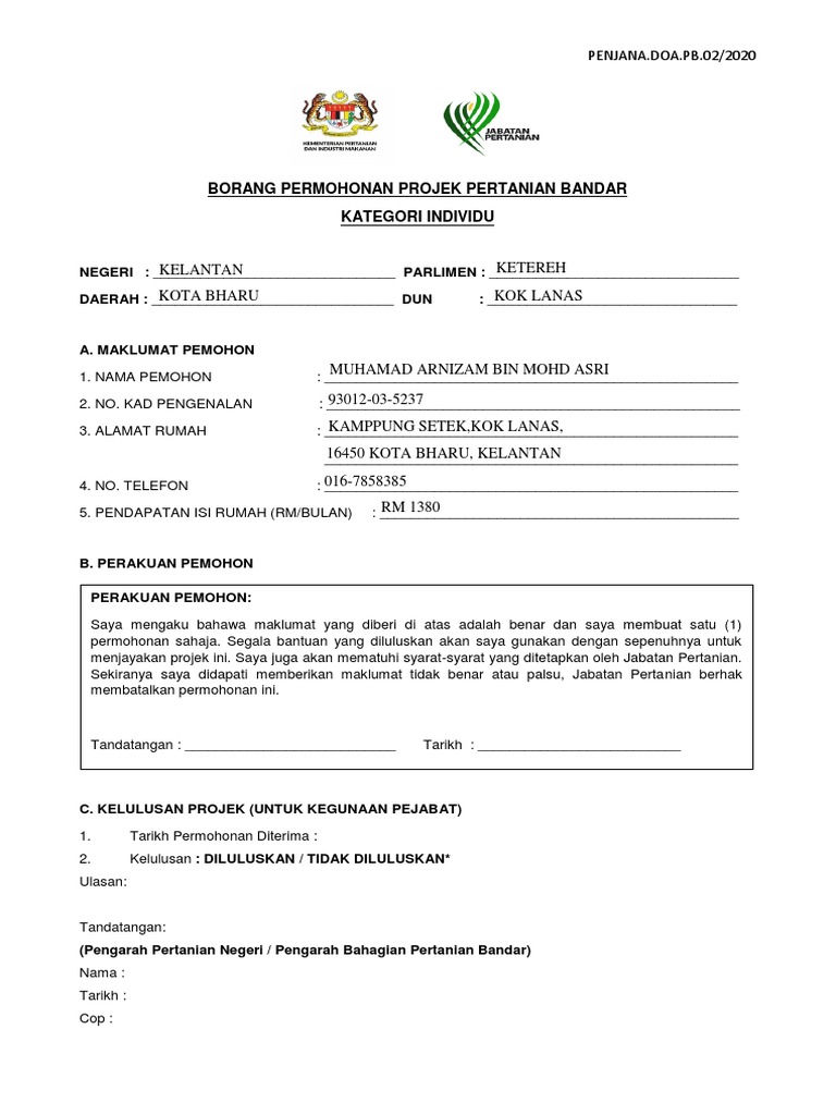 Borang Permohonan Projek Pertanian Bandar Individu Pdf
