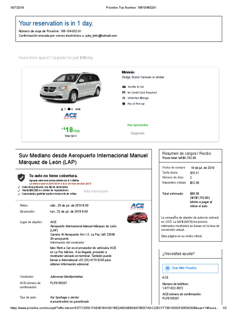 Priceline Trip Number 18610483291 PDF Alquiler de coches