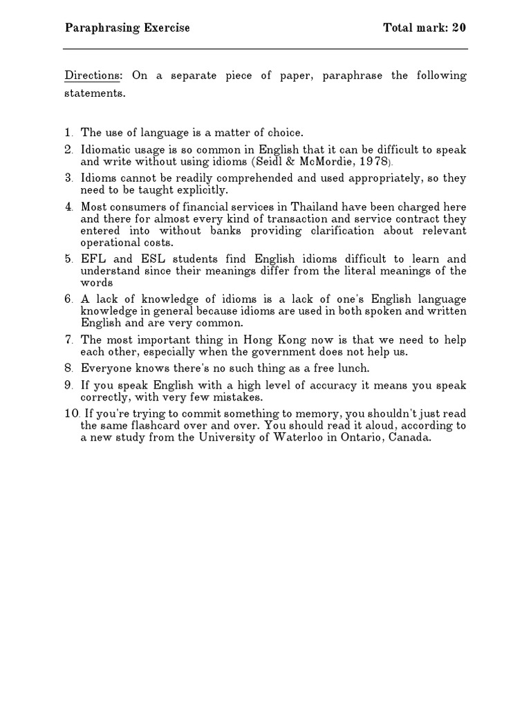 Paraphrasing Exercise Instructions | PDF