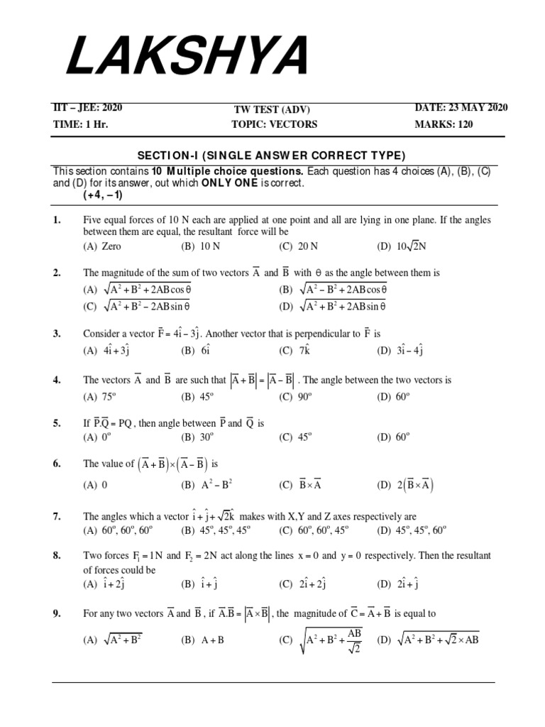 JEE Advanced Vector Practice Test | PDF | Euclidean Vector | Abstract ...