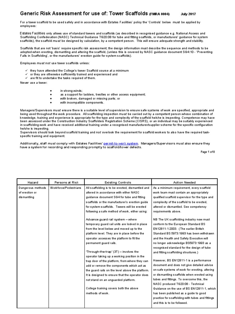 Tower Scaffold Risk Assessment Guide | PDF | Scaffolding | Occupational ...