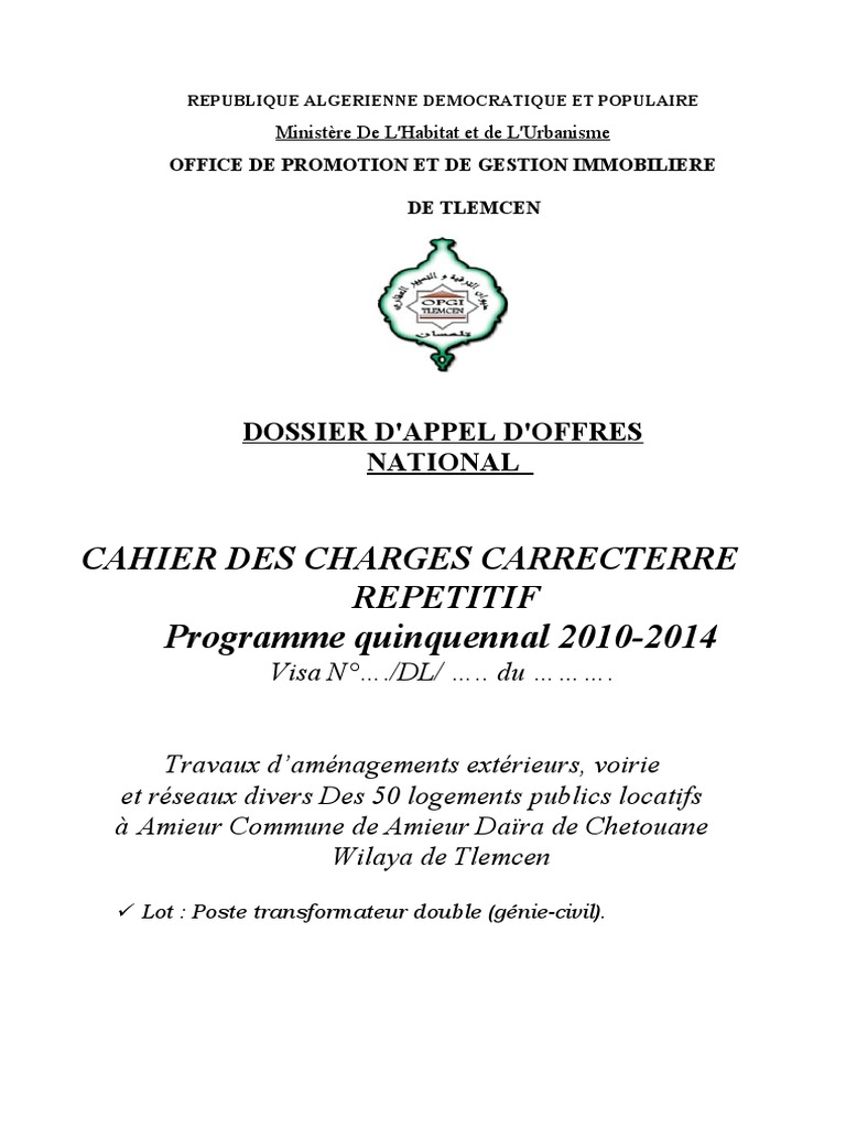 Cahier Des Charges Page De Garde CAHIER DES CHARGES Poste Transfo | PDF | Appel d'offres | Business