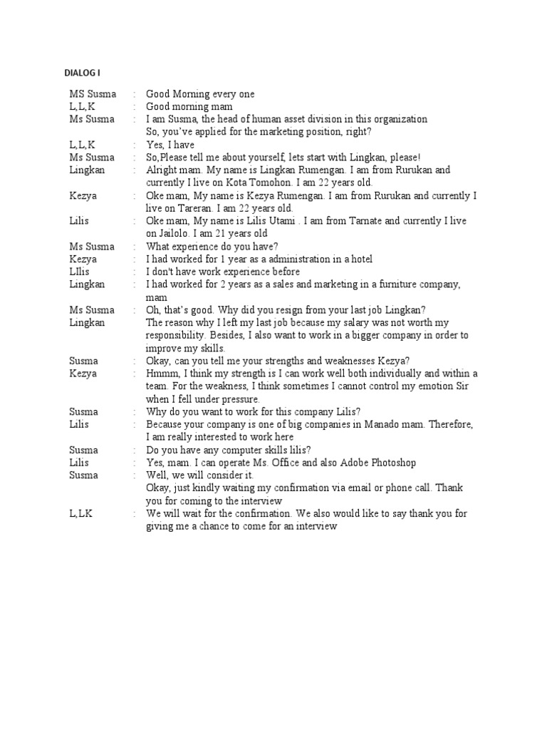 Marketing Interview Dialogue Summary | PDF | Career & Growth | Self ...