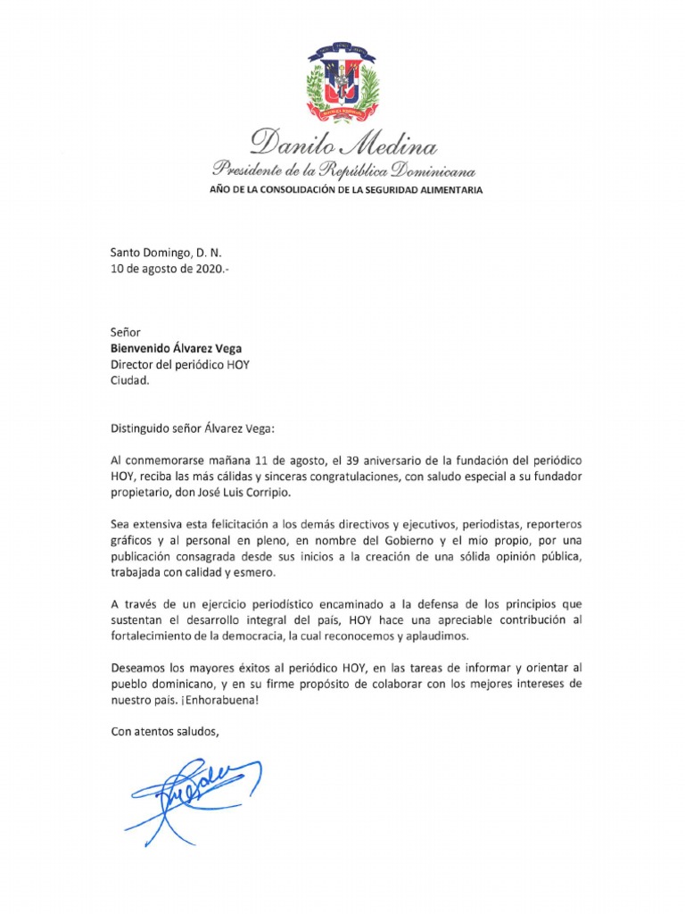 Carta de felicitación del presidente Danilo Medina con motivo del 39