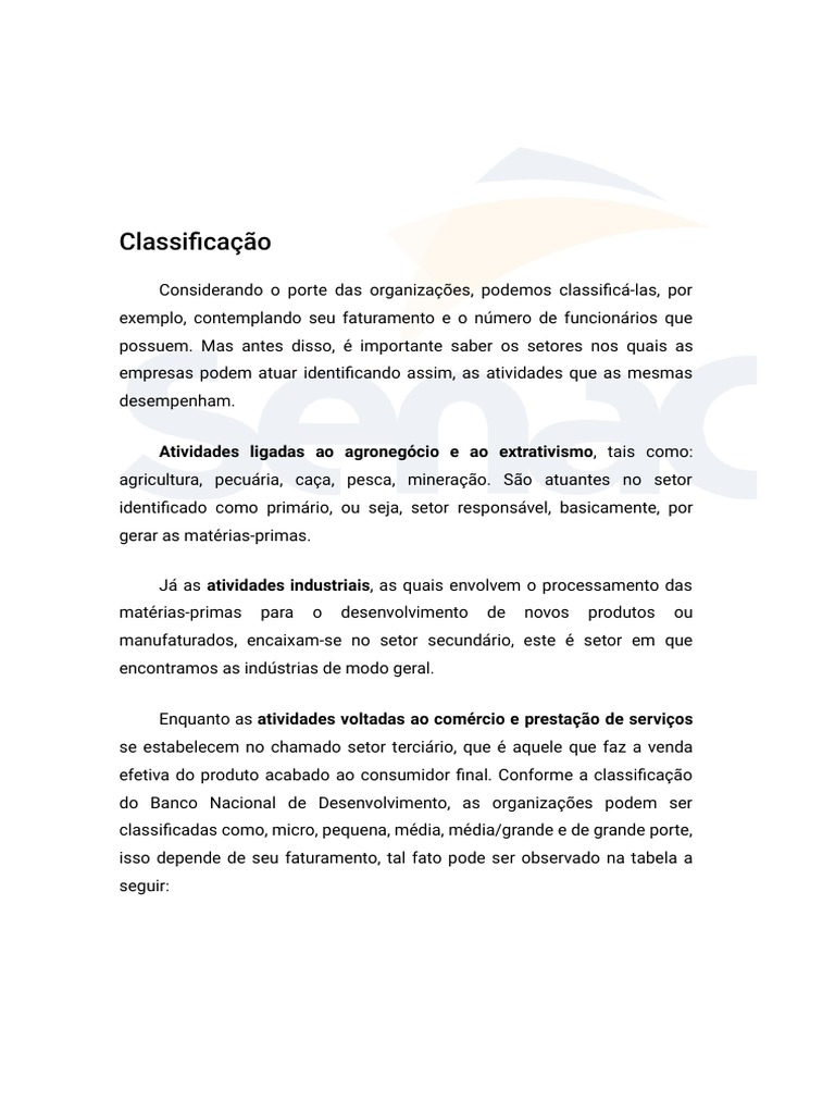 Classificação de empresas por porte e setores de atuação PDF Setor terciário da economia