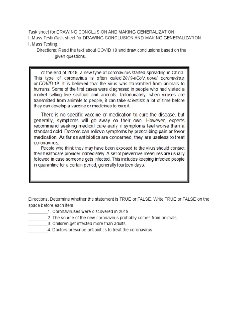 Task Sheet For DRAWING CONCLUSION AND MAKING GENERALIZATION PDF PDF