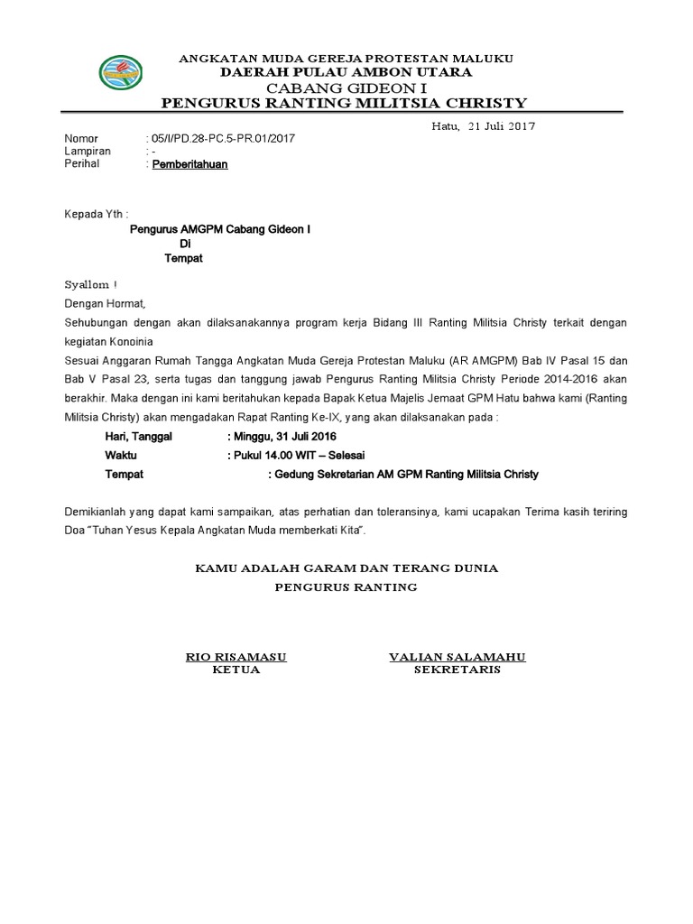 Angkatan Muda Gereja Protestan Maluku-Surat Pemberitahuan | PDF