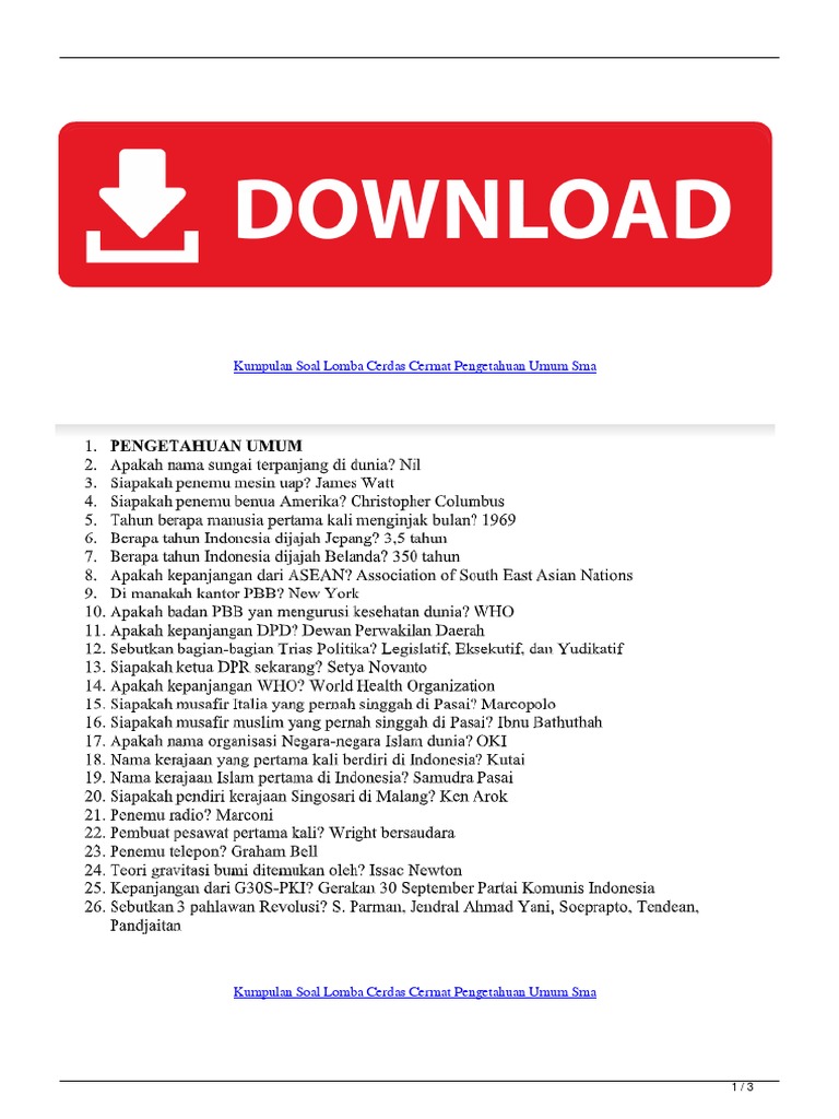 Kumpulan Soal Lomba Cerdas Cermat Pengetahuan Umum Sma