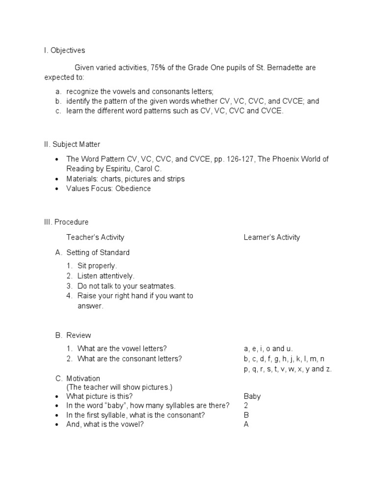 CVCE Pattern Lesson Plan for Grade 1 | PDF | Consonant | Syllable