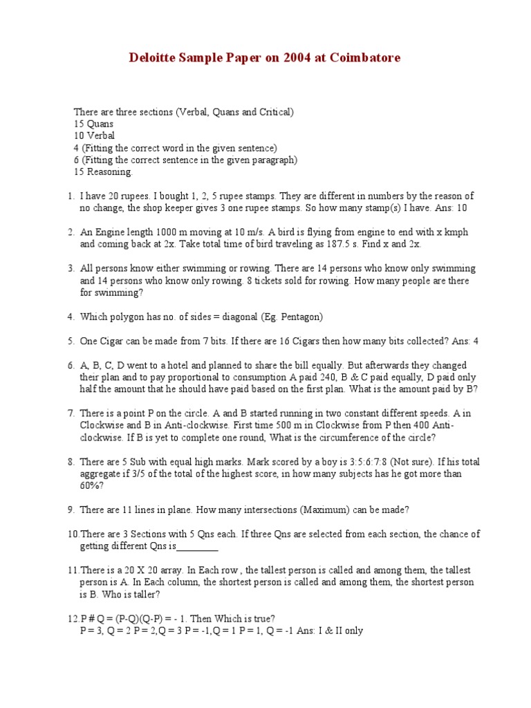 Deloitte 2004 Coimbatore Sample Paper | PDF