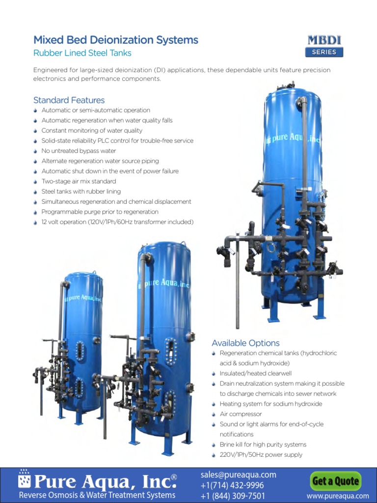 Mixed Bed Deionization Systems Standard Features PDF Purified Water Ion Exchange