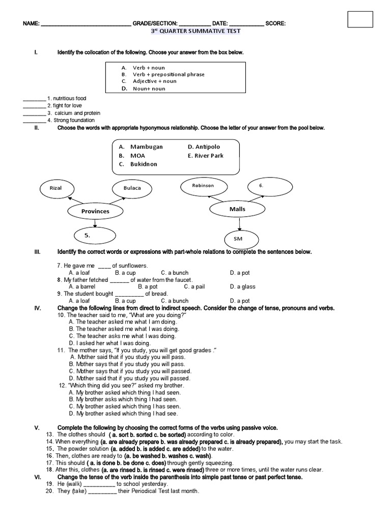 Grade 7 English Summative Test | PDF | Verb | Noun