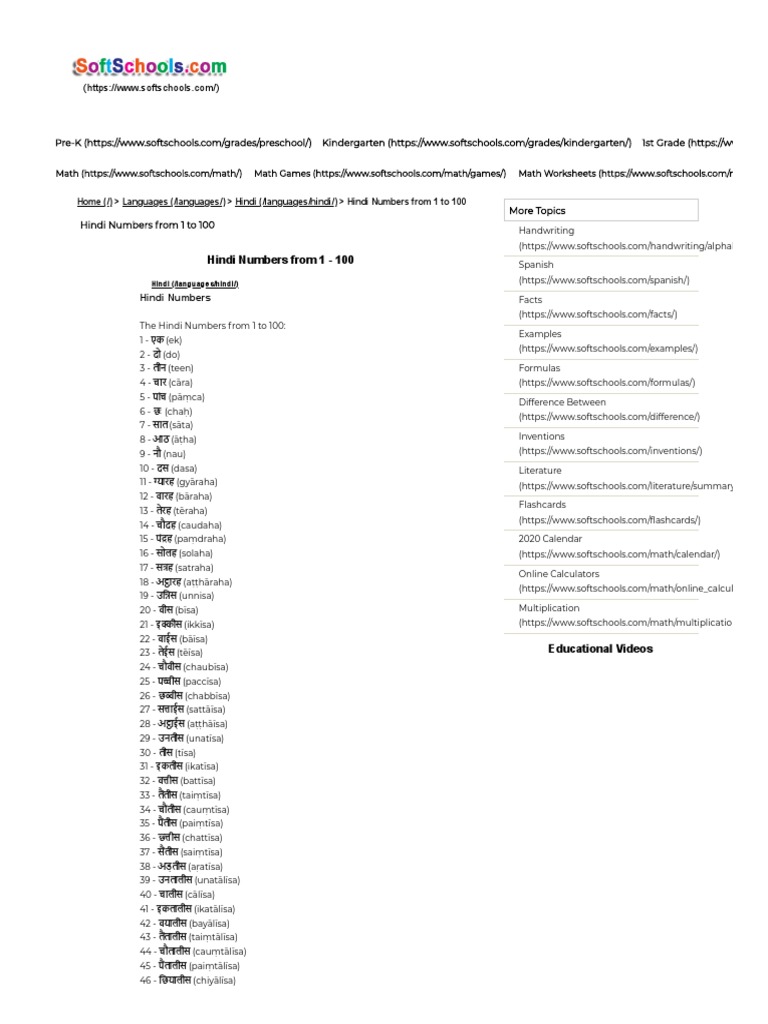 Hindi Numbers From 1 - 100 | PDF | Business