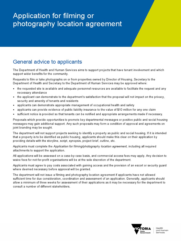 Application For Filming Photography Location Agreement PDF Public Housing Occupational
