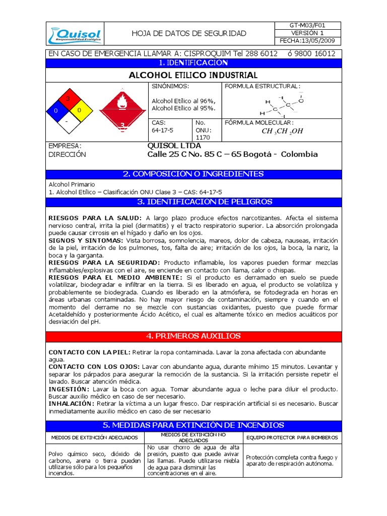 MSDS Alcohol Etilico Industrial PDF | PDF | Etanol | Agua