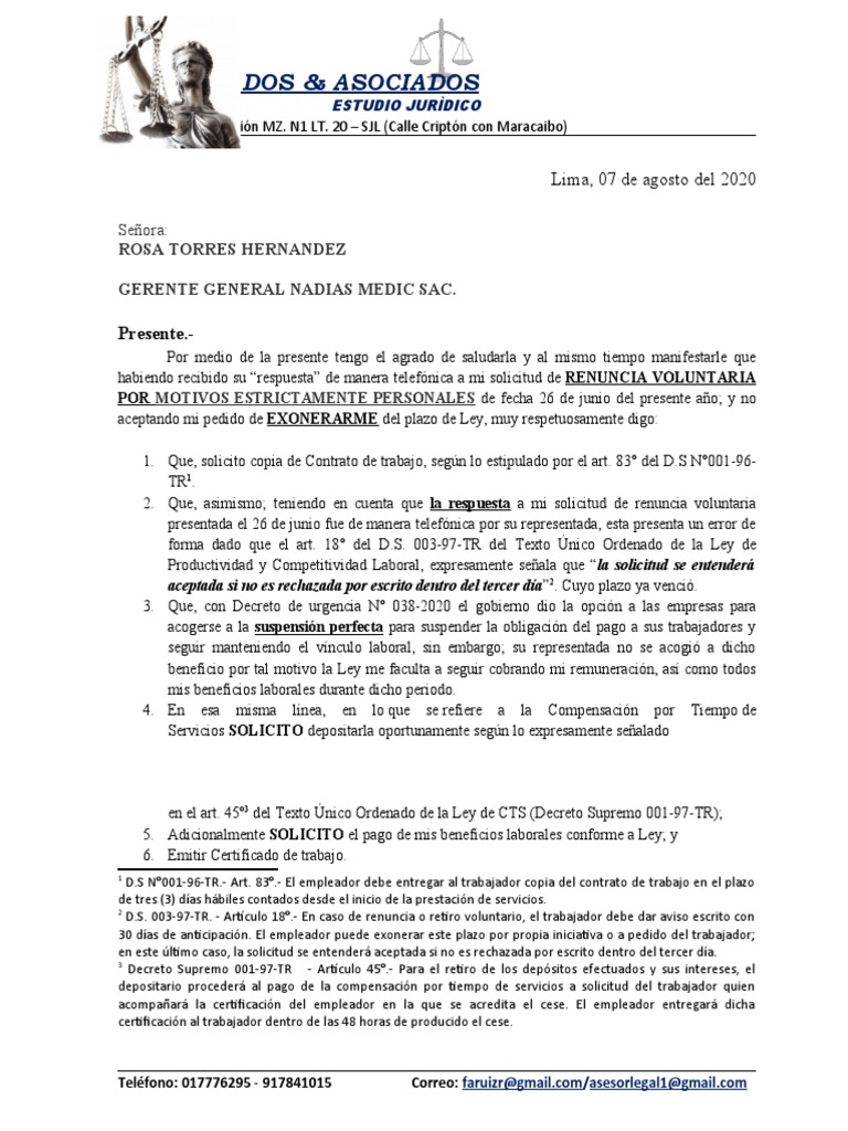 Carta de Solicitud de Beneficios Sociales PDF Gobierno Labor
